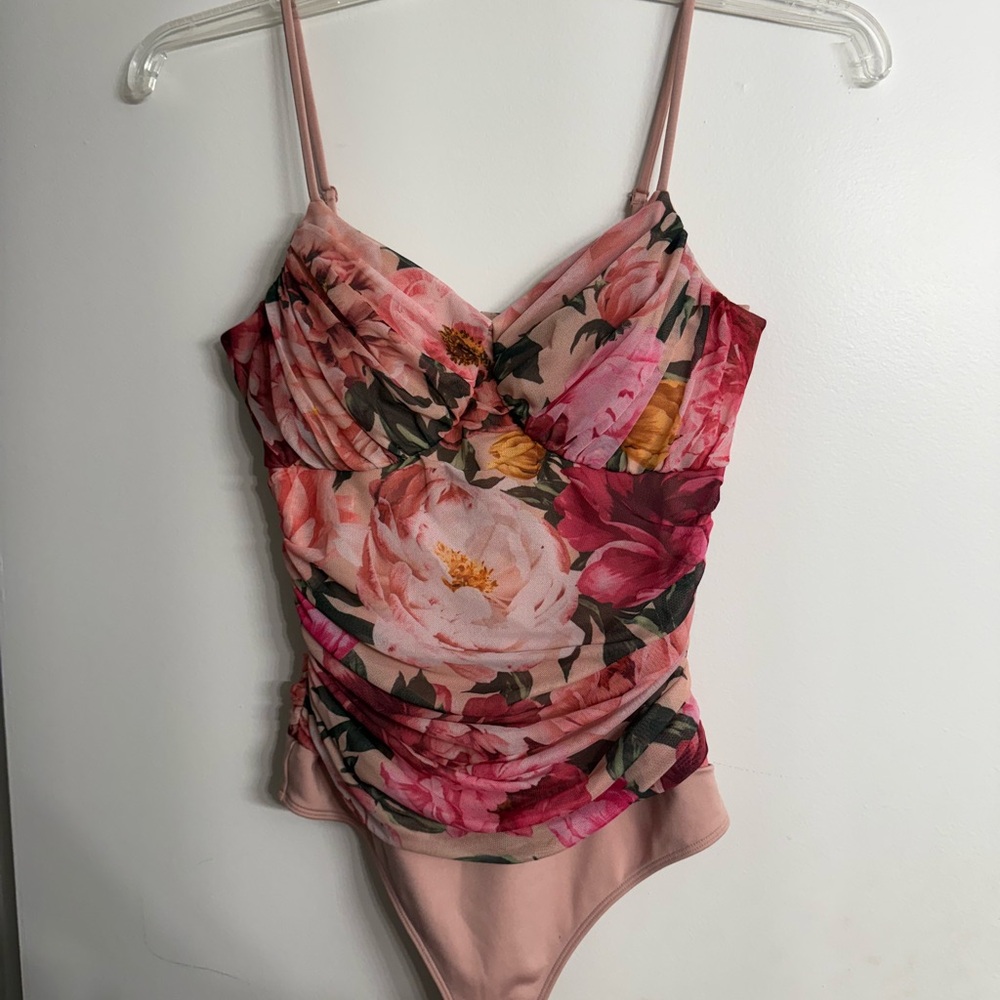 Express Pink Floral Print Spaghetti Strap Bodysuit